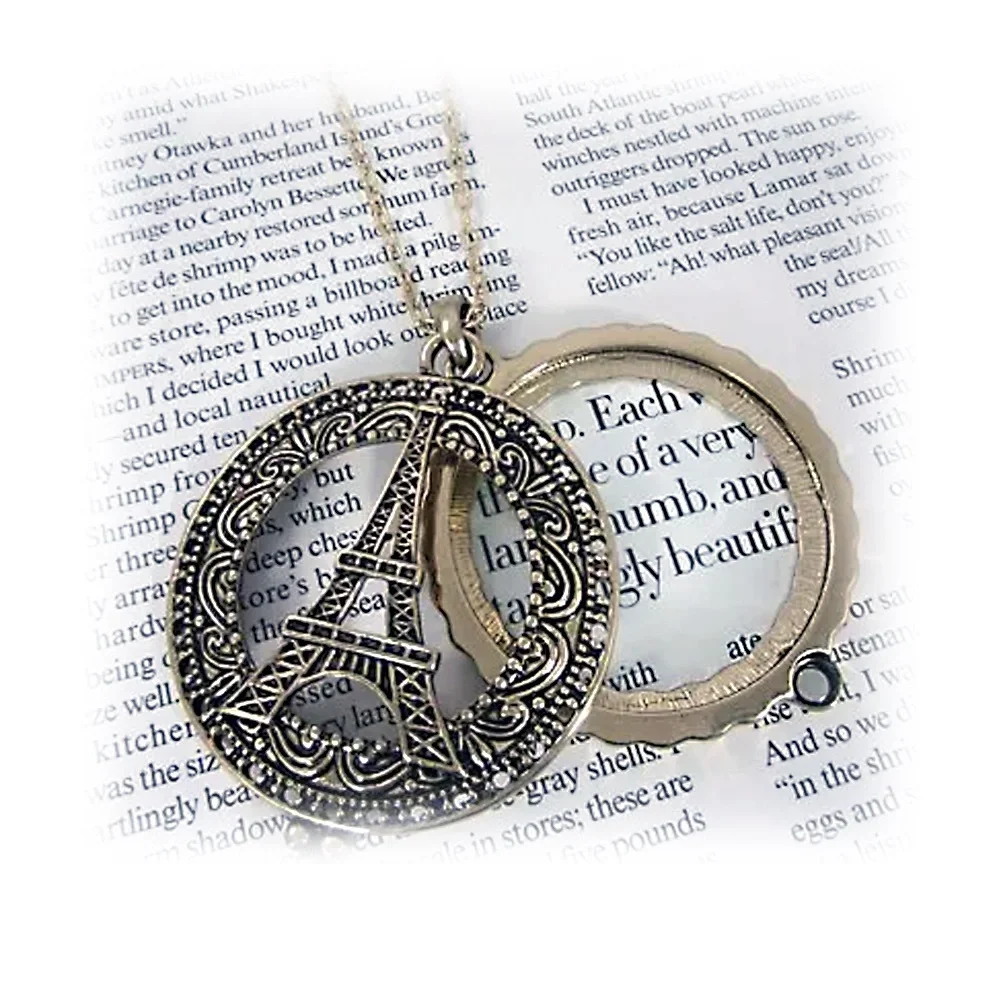 Silver Eiffel Tower Paris 4x Magnifying Glass Sliding Top Pendant Necklace NEW